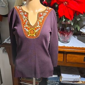 Joseph A. Brown top with embroidery and beads.  S. NWOT